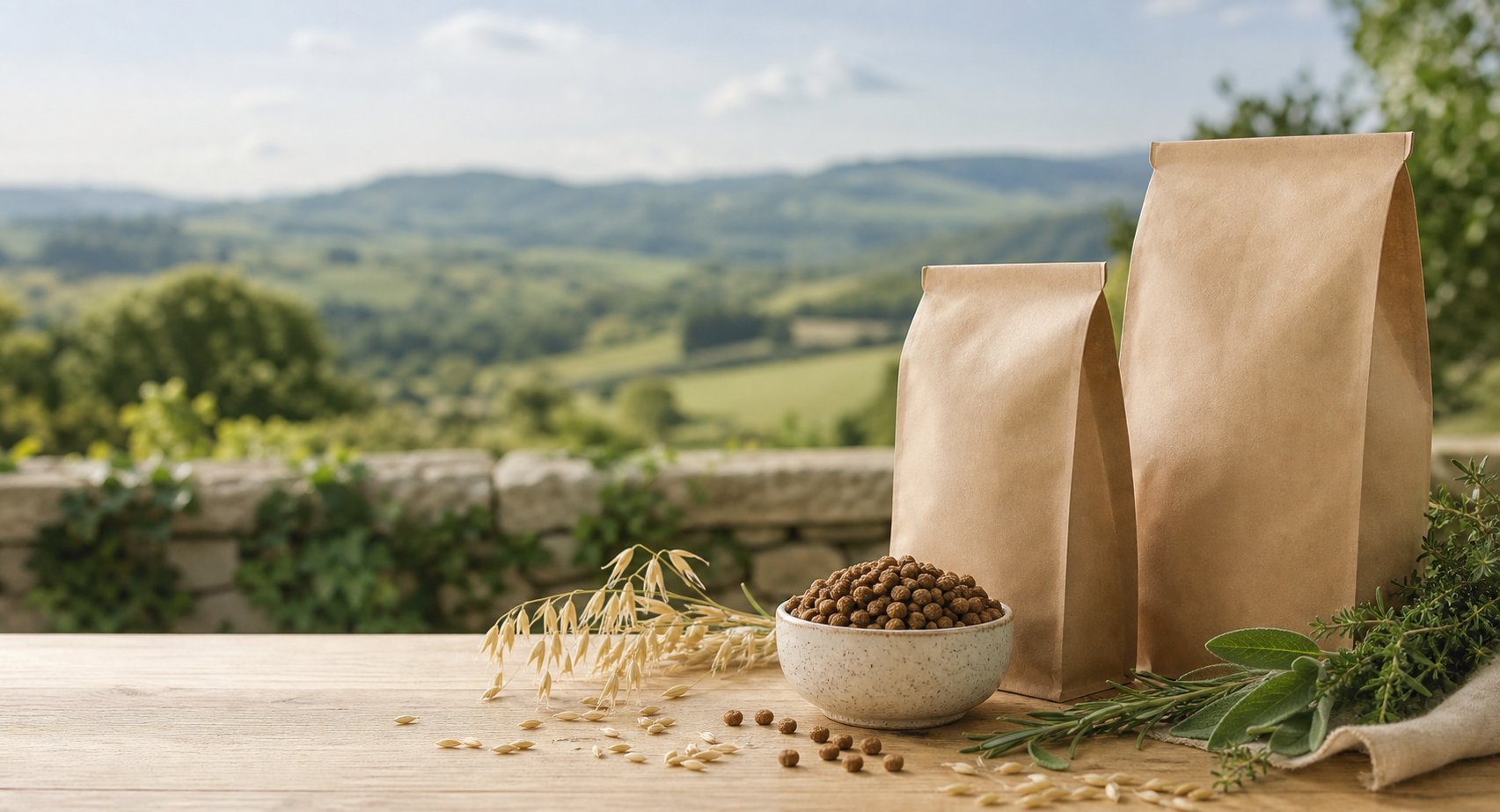 Sacs de croquettes sans marque et bol de croquettes dans un décor naturel