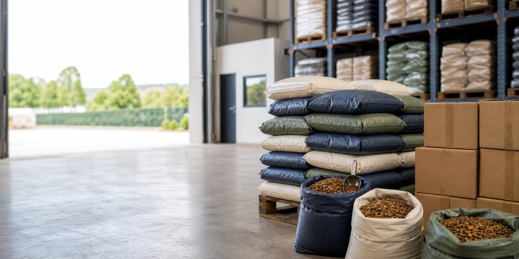 Stock organisé de sacs de croquettes en gros dans un entrepôt