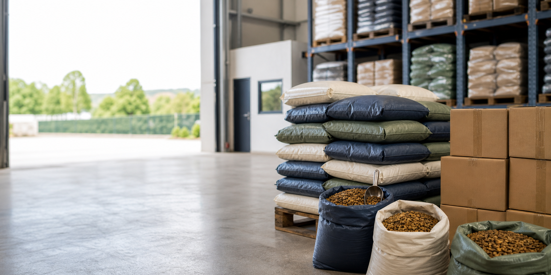 Stock organisé de sacs de croquettes en gros dans un entrepôt