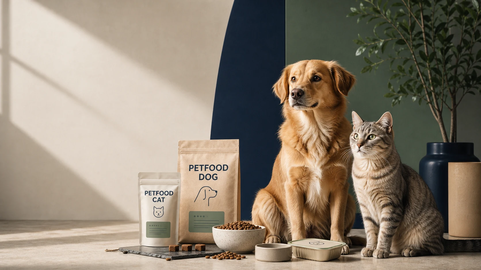 Dog and cat with premium pet food packaging