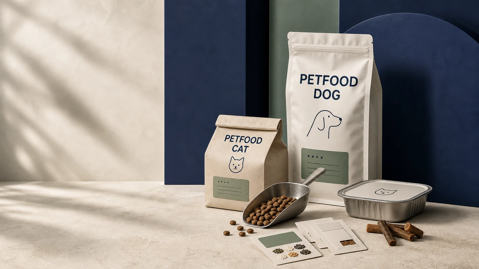 Petfood dog and cat packaging with kibble and samples